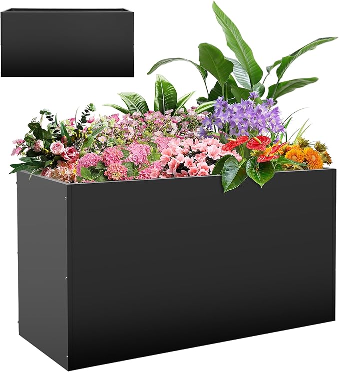 Metal Rectangular Planter Box, 38''L x16''Wx20''H Planter Boxes Outdoor Heavy Duty, Rectangular 3 Tier Adjustable Height Outdoor Galvanized Steel Plant Box, Garden Planter for Plants and Flowers
