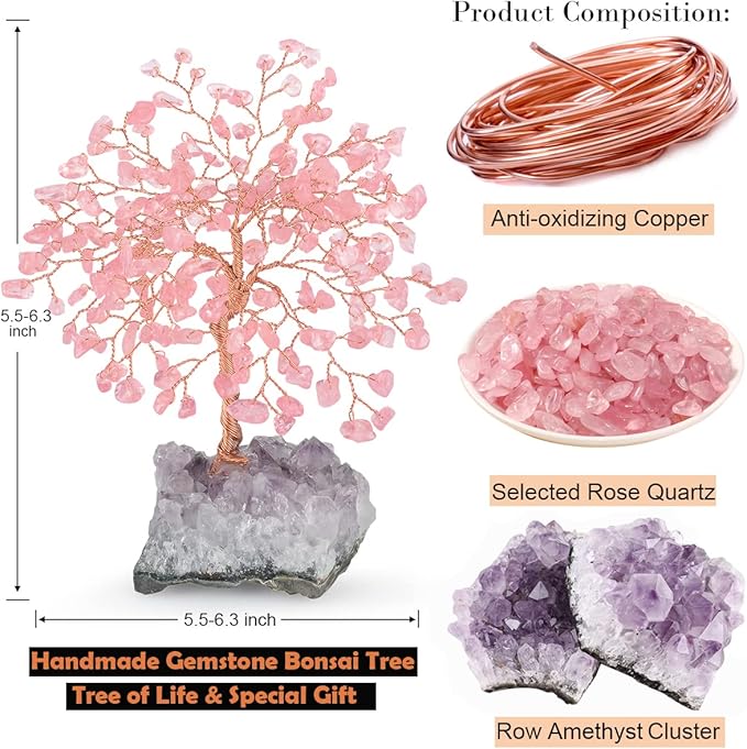 Natural Rose Quartz Gemstone Crystal Tree of Life, Amethyst Cluster Base,Feng Shui Decor Bonsai Money Tree,Healing Crystal Positive Energy Gift Size 5.5-6.3 Inches