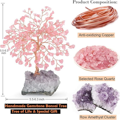 Natural Rose Quartz Gemstone Crystal Tree of Life, Amethyst Cluster Base,Feng Shui Decor Bonsai Money Tree,Healing Crystal Positive Energy Gift Size 5.5-6.3 Inches