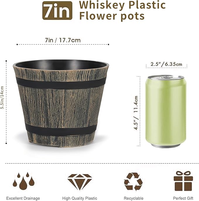5 Pack 7 Inch Plastic Plant Pots, Whiskey Barrel Planters, Flower Pots for Indoor Outdoor Home Herb Snake Plants, Durable Pots, Set of 5