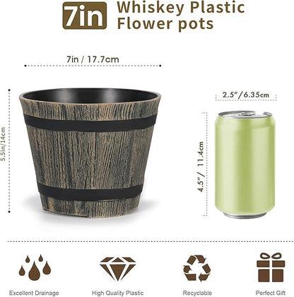 5 Pack 7 Inch Plastic Plant Pots, Whiskey Barrel Planters, Flower Pots for Indoor Outdoor Home Herb Snake Plants, Durable Pots, Set of 5