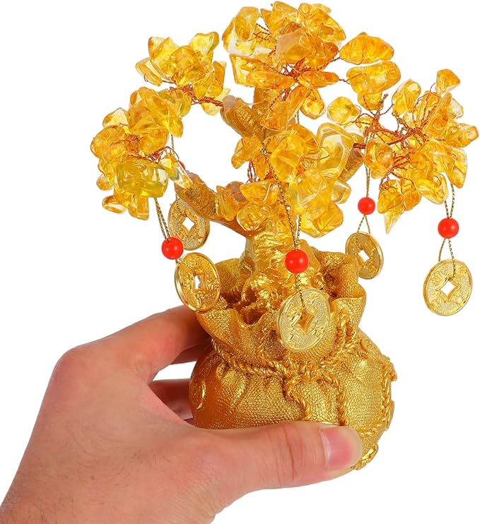 Didiseaon Crystal Money Tree: Feng Shui Ornaments Chinese Money Crystal Bonsai Tree Indoor for Wealth and Luck, Home Decoration with Coins Base and Knot Amulet
