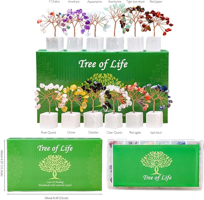 Runyangshi 12pcs Crystal Tree Set Natural Healing Crystal Gemstone Tree of Life with Selenite Base Trees Fengshui Good Luck Purification Positive Energy Home Decor