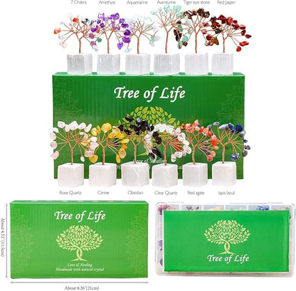 Runyangshi 12pcs Crystal Tree Set Natural Healing Crystal Gemstone Tree of Life with Selenite Base Trees Fengshui Good Luck Purification Positive Energy Home Decor
