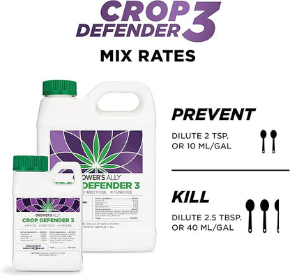Grower's Ally Crop Defender 3 Concentrate - Natural Miticide, Insecticide, Fungicide Control for Plants - OMRI Listed Garden Safe Spray Killer for Powdery Mildew & Mites - 8 Oz, Makes 25 Gallons