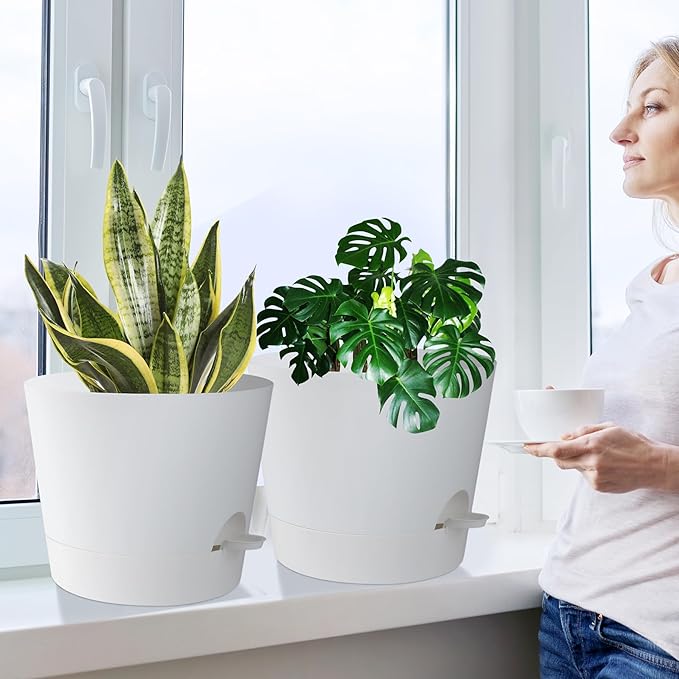 12 Inches Indoor Self Watering Planters with Drainage Holes and Saucers, 4 Pack (White)