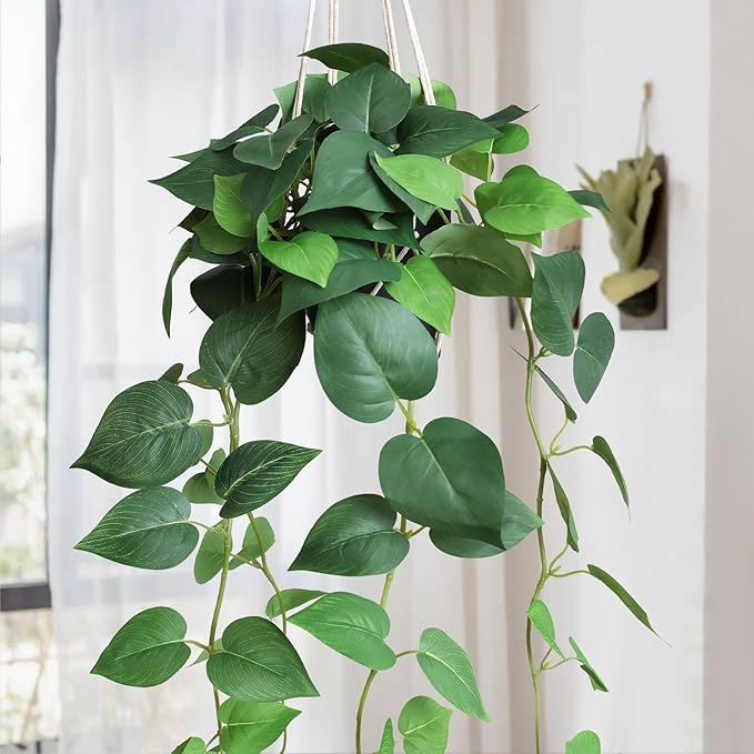 alyptus Fake Hanging Pothos – Realistic Pothos Plant for Indoor & Outdoor Decor, Lush Faux Hanging Plants with Vines for Shelves, Counters, Home & Office Greenery - Green