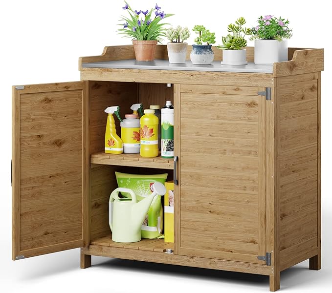 Gizoon Outdoor Potting Bench with Metal Tabletop, Outdoor Garden Patio Wooden Storage Cabinet with Adjustable Shelf, Double Doors Garden Work Bench for Backyard, Patio, Lawn - Natural