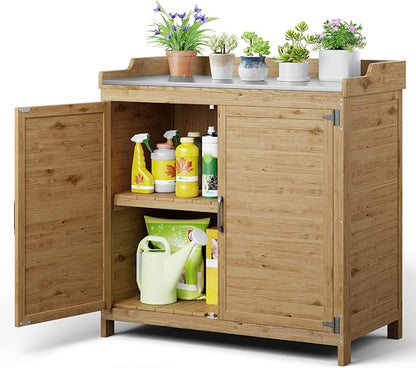 Gizoon Outdoor Potting Bench with Metal Tabletop, Outdoor Garden Patio Wooden Storage Cabinet with Adjustable Shelf, Double Doors Garden Work Bench for Backyard, Patio, Lawn - Natural