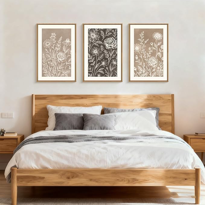 Neutral Boho Flower Framed Canvas Wall Art Set,Vintage Rose Peony Wildflower Wall Decor,Modern Natural Brown Black Floral Botanical Artwork for Living Room, Bedroom,Farmhouse-24 x36 x3