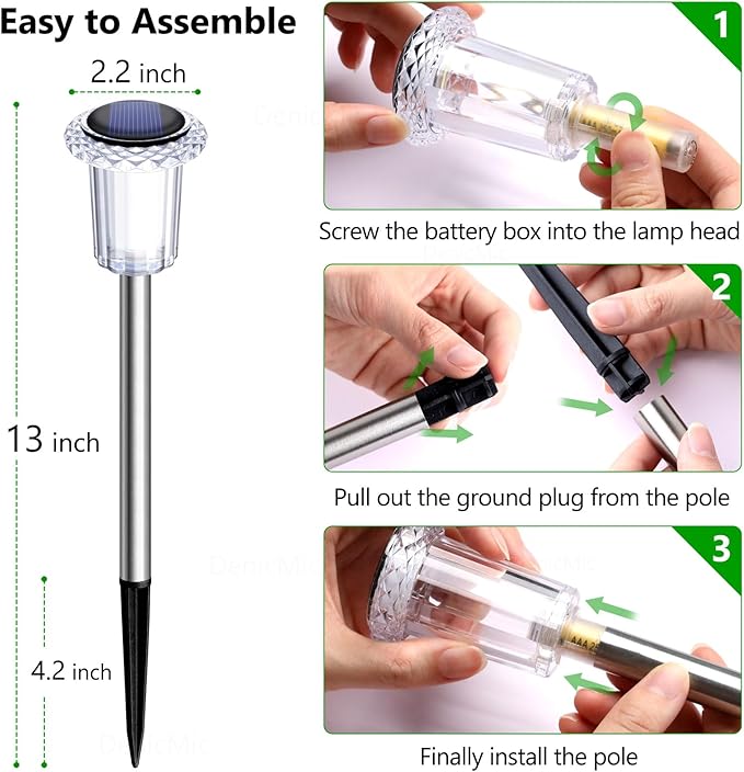 DenicMic Solar Lights Outdoor 10 Pack Waterproof Solar Christmas Lights Outdoor 6000K Cold White LED Stainless Steel Stake for Pathway Yard Garden Driveway Outside Decor