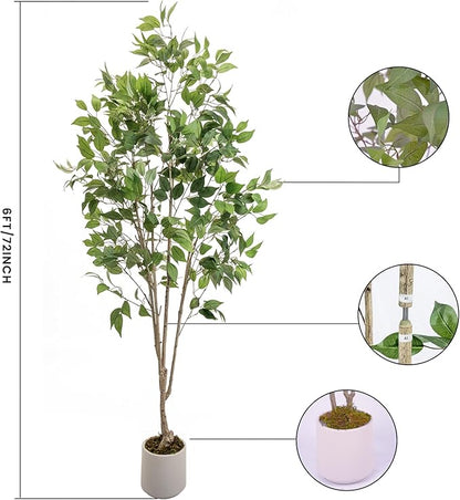 Artificial Fake Ficus Tree 6FT Tall 1Pack with White Planter & Free Moss, Artificial Plants Indoor, Artificial Trees for Home Decor Indoor, Faux Ficus Tree