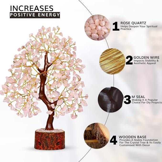 NARIBABU Rose Quartz Crystal Tree – 10-12 Inch Gemstone Tree with Golden Wire & Wooden Base – Healing Crystals Decor, Gifts for Her, Birthday Gift for Women, Spiritual Energy