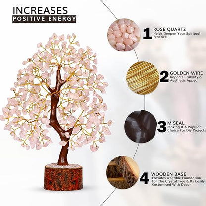 NARIBABU Rose Quartz Crystal Tree – 10-12 Inch Gemstone Tree with Golden Wire & Wooden Base – Healing Crystals Decor, Gifts for Her, Birthday Gift for Women, Spiritual Energy
