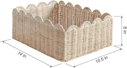 Scalloped Edge Basket, Wicker Storage Baskets, Hand Woven Baskets for Shelves,Natural Baskets for Organizing (S+M-Rattan)