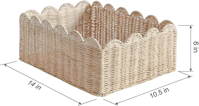 Scalloped Basket, Wicker Storage Baskets, Hand Woven Baskets for Shelves,Natural Baskets for Organizing (M-14" L x 10.5" W x 6" H-Rattan)