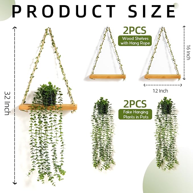 2 Pack Wooden Hanging Shelves with Artificial Eucalyptus Plants Wall Decor for Living Room, Bedroom, Bathroom - Fake Hanging Plant and Wood Wall Shelf Set for Boho Farmhouse Home Decor