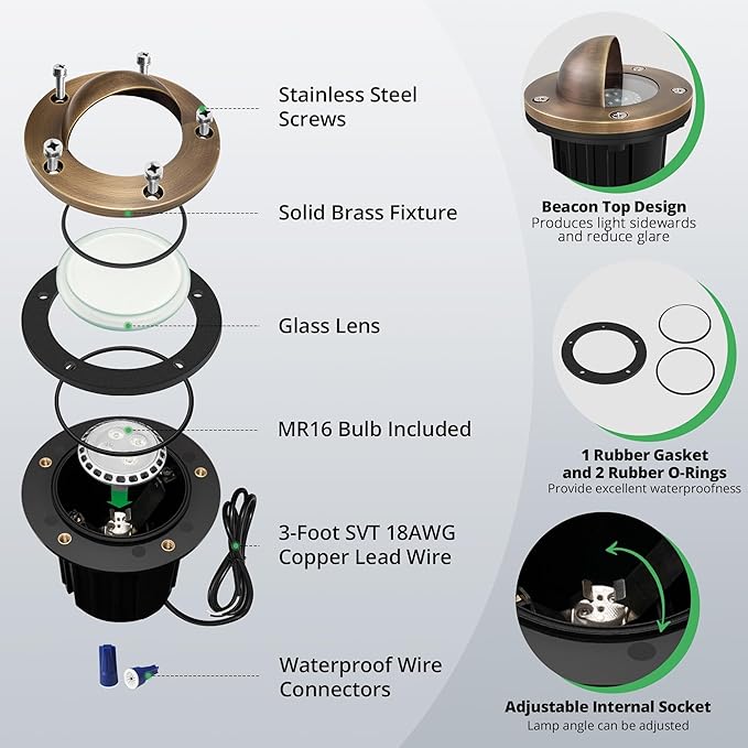 GKOLED LED Brass Well Lights, 12V In Ground Light Outdoor, IP67 Waterproof Low Voltage Landscape Lighting with MR16 Bulb and Swival Base, 5W 140LM 2700K, Up Light for Garden, Beacon Top, 12 Pack