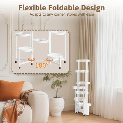 LASZOLA 7 Tiered Folding Tall Plant Stand Indoor for Multiple Large Planter, Heavy Duty Metal Adjustable Flower Rack for Narrow Corner, Sturdy Vertical Spiral Shelving Holder for Modern House, White