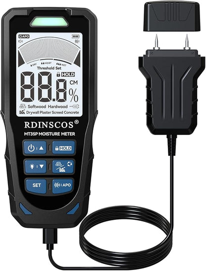 Pinless & Pin-Type Moisture Meter for Wood, Drywall & Concrete – Digital Moisture Tester Audible Alarm & HOLD Function – Ideal for Firewood, Lumber, Home Inspections