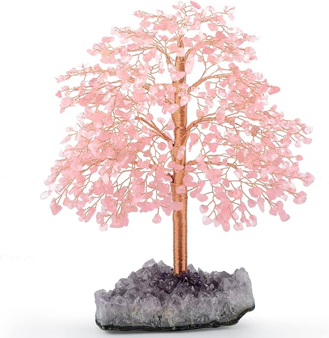 Rose Quartz Tree Gemstone Crystal Tree of Life,Amethyst Cluster Base,Healing Pink Crystal Chakra Balancing Positive Energy,Table Bonsai Feng Shui Decor Money Tree 10"-11"
