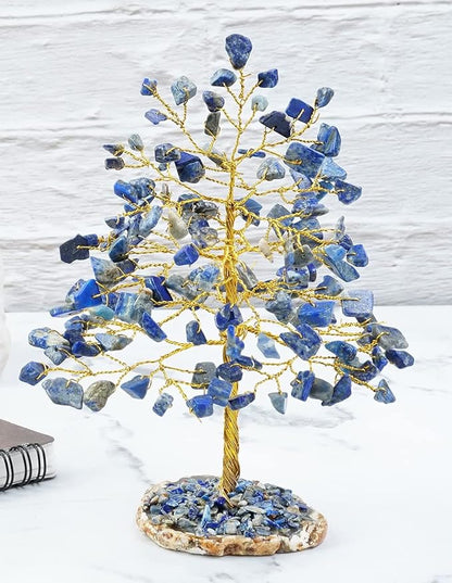 Lapis Lazuli Gemstone Tree of Life - Geode Agate Slice Base, Crystal Tree for Positive Energy, Handmade Chakra Tree, Feng Shui Decor - Good Luck Money Bonsai, Healing Stones Gem Tree, Spiritual Gift