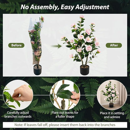 Goplus 38’’ Artificial Camellia Tree, 2 Pack Flower Plants Artificial Tree, Faux Floral Plant Blooming Tree in Cement Pot, Greenery Potted Plant for Indoor Outdoor Office Home Porch Decor