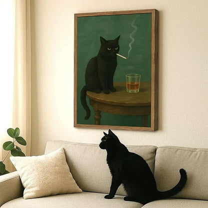 Moody Black Cat Wall Art, Funny Smoking Cat with Whiskey Wall Decor Painting Dark Humor Animal Bar Cart Poster Canvas Prints for Living Room Bedroom 16x24 inch Wood Framed