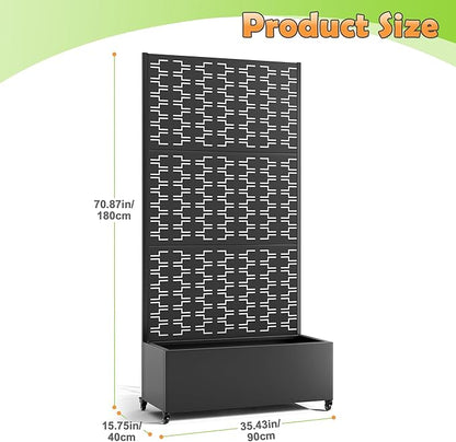 Metal Raised Garden Bed with Trellis, 2-in-1 Planter Box & Privacy Screen for Climbing Plants, Outdoor Standing Flower Bed with Drainage Holes, 35.4" L x 15.7" W x 70.1" H, Black-Brick