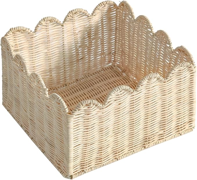 Scalloped Edge Basket, Wicker Storage Baskets, Hand Woven Baskets for Shelves,Natural Baskets for Organizing (S+M-Rattan)