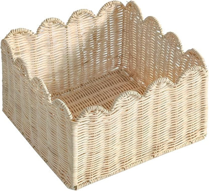 Scalloped Edge Basket, Wicker Storage Baskets, Hand Woven Baskets for Shelves,Natural Baskets for Organizing (S+M-Rattan)