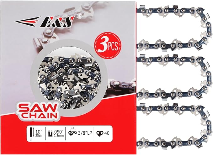 E & S 3 Pack 10 Inch Chainsaw Chain 3/8" LP Pitch .050" Gauge 40 Drive Links Semi-Chisel Chain Saw Chains for Husqvarna, Poulan, Craftsman, Greenworks and More Chainsaw Brands