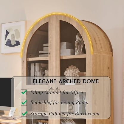 71" Tall Arched Bookshelf, 4-Tier Bookcase with Glass Doors and Shelves, Wooden Display Cabinet w/2 Large Storage Drawers, Modern Farmhouse Versatile Bookshelf for Living Room, Bedroom, Natrual