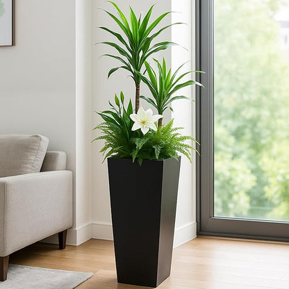 Kozyard 30" Hx15.4 Lx15.4 W Tall Taper Black Metal Planter Flower Plant Pot Indoor Outdoor Planters Steel Flower Pot All-Weather Use with 2 Partition Panels for for Trees, Plants Flowers