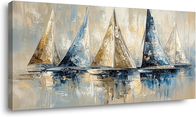 Blue Wall Art Sailboat Canvas Painting Ocean Sailboat Prints Sailing Ship Canvas Artwork Modern Coastal Blue Abstract Wall Art for Living Room Bedroom Office Boys Bedroom Wall Décor Ready to Hang (24x48 Inches)