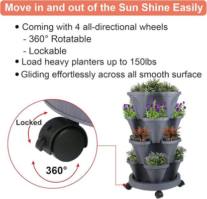 GameXcel Vertical Planter 4 Tier Stackable Planters Garden Planters Strawberry Herb Flower and Vegetable Planter Indoor Outdoor Gardening Pots with Removable Wheels and Tools