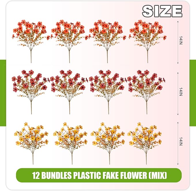 12 Bundles Fake Mums Fall Flowers Artificial for Outdoors Decoration Artificial Mums Faux Plants Daisy for Outdoor Outside Planters UV Resistant Violets for Fall Decor Home Porch Door Front Patio Yard