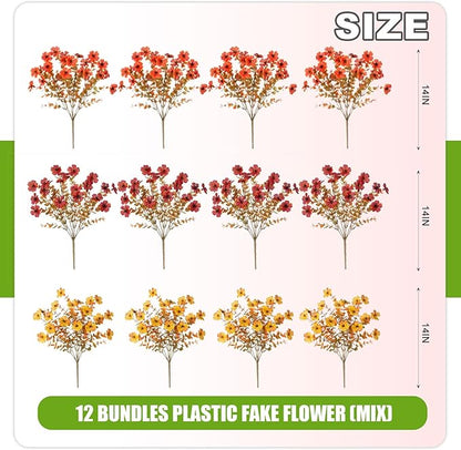 12 Bundles Fake Mums Fall Flowers Artificial for Outdoors Decoration Artificial Mums Faux Plants Daisy for Outdoor Outside Planters UV Resistant Violets for Fall Decor Home Porch Door Front Patio Yard