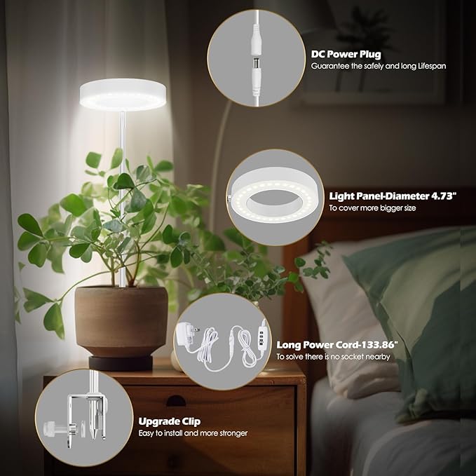 GLOWRIUM Grow Lights for Indoor Plants, Full Spectrum LED Grow Light Floor Lamp with Stand Adjustable Height and Angle, Black Plant Light with 3/9/12H Grow Light Timer (White, 12W)