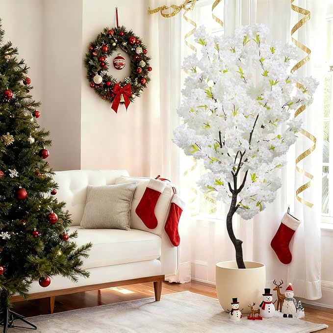 White Faux Cherry Blossoms Tree Artificial Cherry Blossom Tree Bedroom Trees for Home Christmas New Year Decor