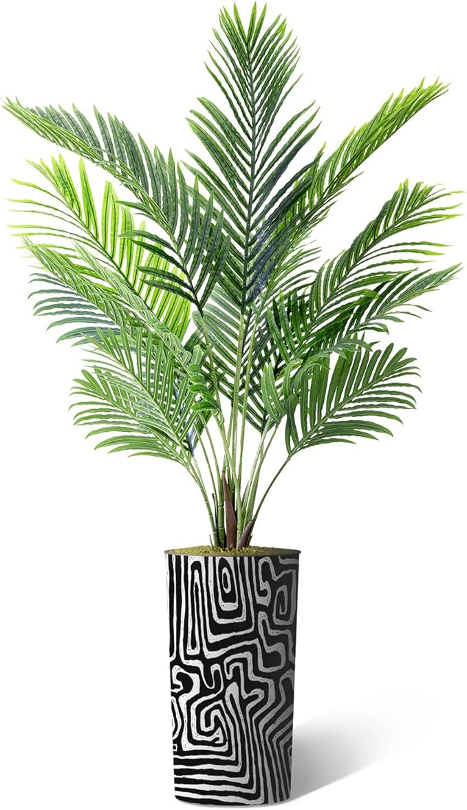 Artificial Tree in Modern Geometric Pattern Planter, Fake Areca Tropical Palm Silk Tree for Indoor and Outdoor Home Decoration - 66" Overall Tall (Plant Pot Plus Tree)
