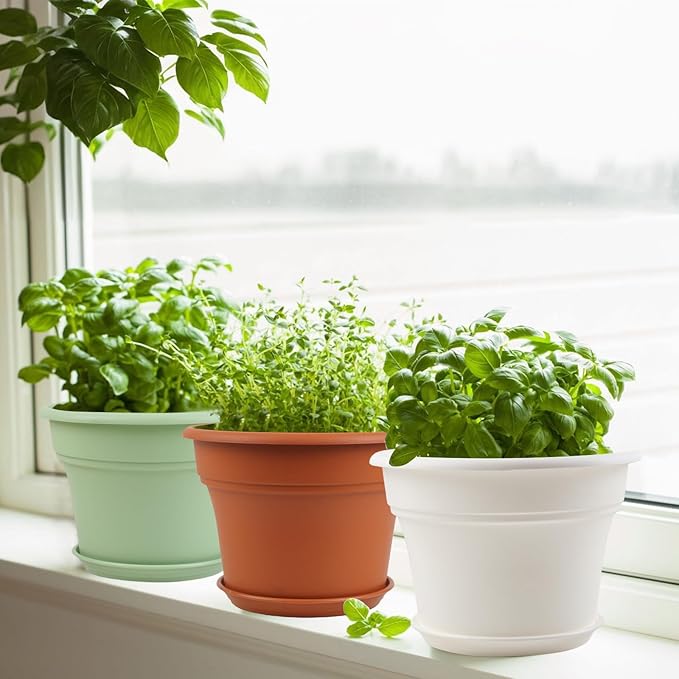 16 inch Plastic-Flower-Pot-for-Indoor-Plants, 4 Pack Large Outdoor Planter Pot with Drainage Holes & Saucers, Resin Decorative Garden Pots Planters
