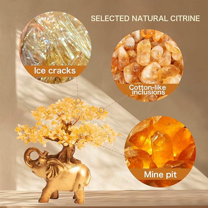 Citrine Crystal Money Tree on Gold Mini Elephant Statue, 10”Gemstone Bonsai Tree of Life Home Décor Gifts for Wealth Positive Energy, Feng Shui Décor