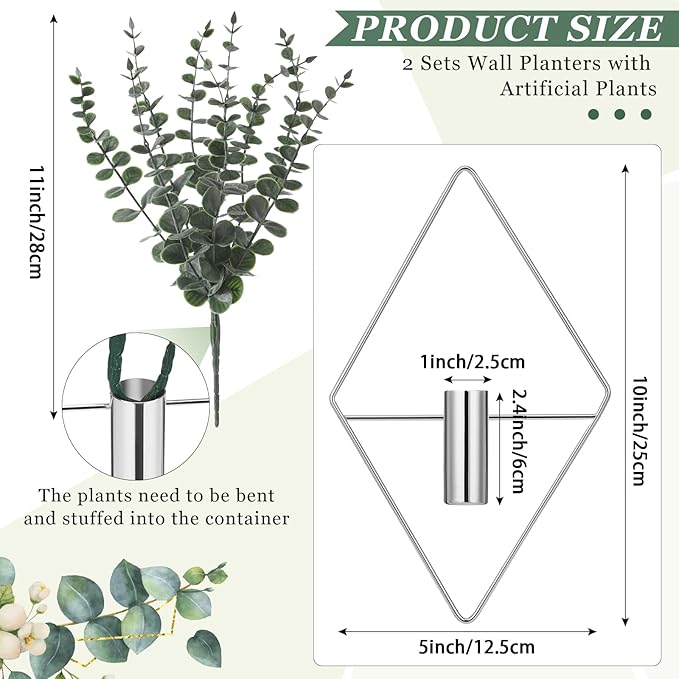 Jexine Hanging Planters with Artificial Eucalyptus Metal Hanging Vase Indoor Plants Holder Modern Geometric Boho Bathroom Wall Decor for Living Room Home Office(Chrome Sliver,4 Pcs)
