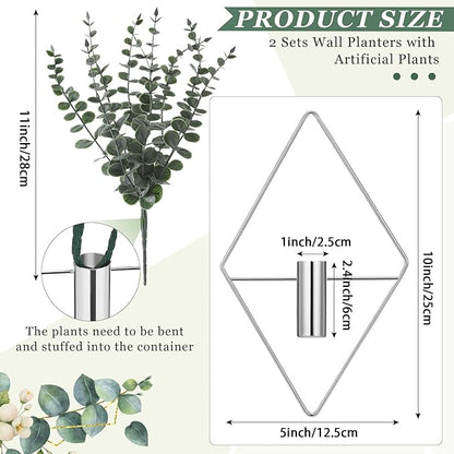 Jexine Hanging Planters with Artificial Eucalyptus Metal Hanging Vase Indoor Plants Holder Modern Geometric Boho Bathroom Wall Decor for Living Room Home Office(Chrome Sliver,4 Pcs)