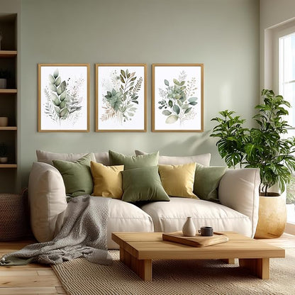 LLEEMPI Sage Green Wall Art Set of 3, Modern Watercolor Botanical Wall Decor, Eucalyptus Leaf Canvas Painting, Classic Minimalist Florals Poster Print for Bedroom Bathroom Office Wood Framed 16x24 Inch