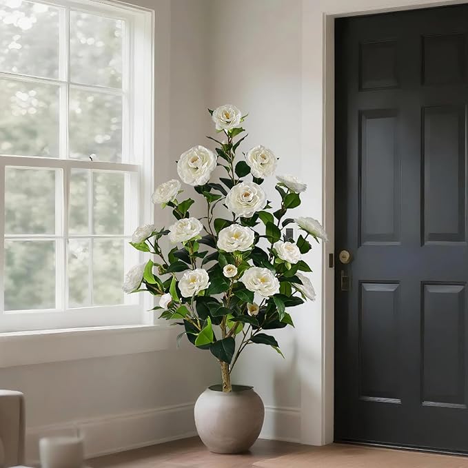 Artificial Camellia Tree with Spike, 36” Tall Faux Artificial Plants Outdoor Flower Tree with White Blooming Camellia Flower, Fake Flower Tree for Home, Garden Decor(White)