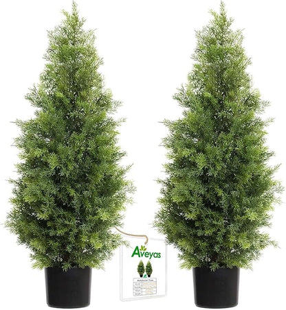 Aveyas 3ft Artificial Cedar Topiary Trees for Outdoor Front Porch Door, 3 Feet Faux Potted Plants Evergreen Fake Pine Cypress Tree for Outside Home Decor (3 ft Tall) - Set of 2 Pack