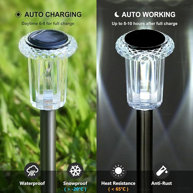 DenicMic Solar Lights Outdoor 10 Pack Waterproof Solar Christmas Lights Outdoor 6000K Cold White LED Stainless Steel Stake for Pathway Yard Garden Driveway Outside Decor