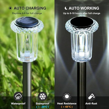 DenicMic Solar Lights Outdoor 10 Pack Waterproof Solar Christmas Lights Outdoor 6000K Cold White LED Stainless Steel Stake for Pathway Yard Garden Driveway Outside Decor